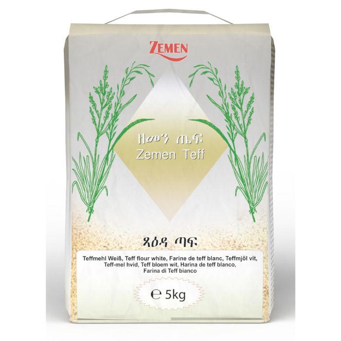 Zemen Teff packaging with green illustrations on a white background