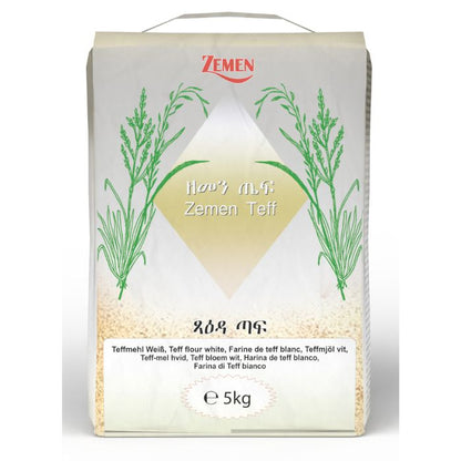 Zemen Teff packaging with green illustrations on a white background